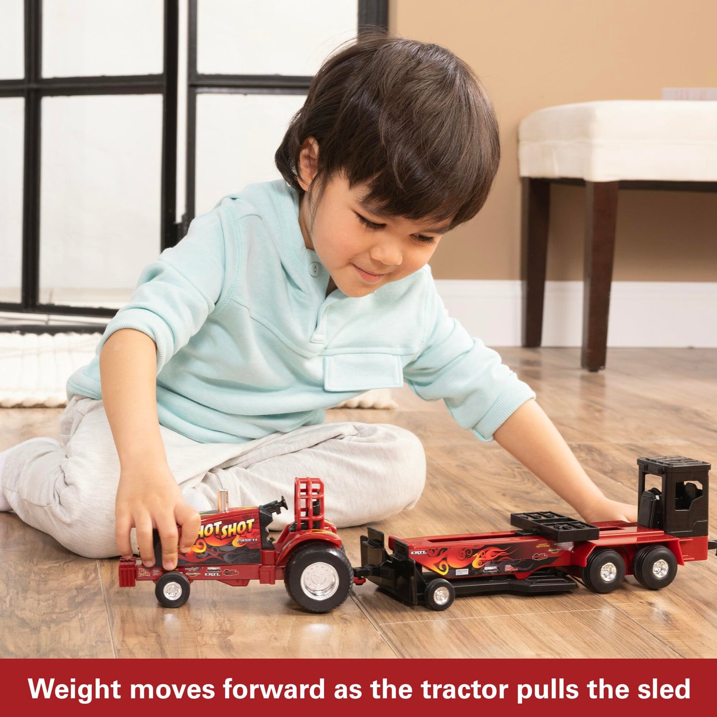 TOMY Case IH 1/32 Hot Shot Pullback Pulling Tractor with Sled 47550