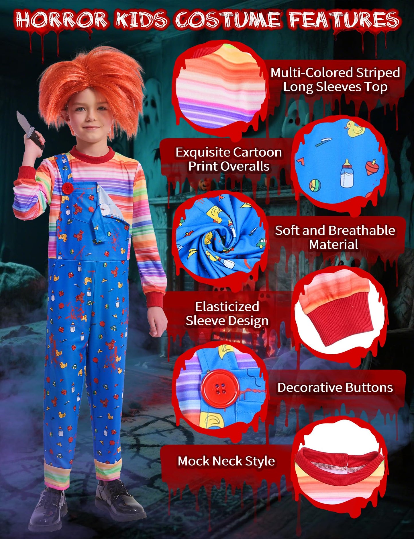 Zeepair Kids Scary Doll Costume Set Horror Killer Toy Outfit with Striped Jumpsuit Wig Prop Knife for Halloween Cosplay Party M