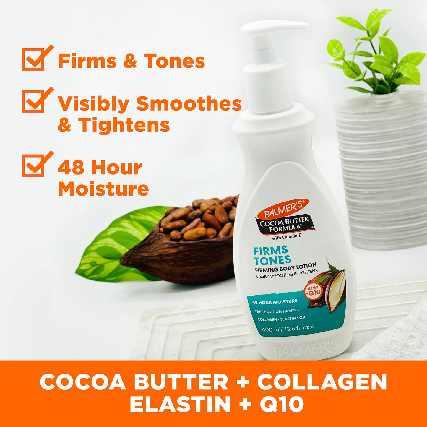 Palmer's Cocoa Butter Formula Skin Firming Body Lotion, Toning & Tightening Cream with Q10, Collagen & Elastin, Pump Bottle, 13.5 Oz.