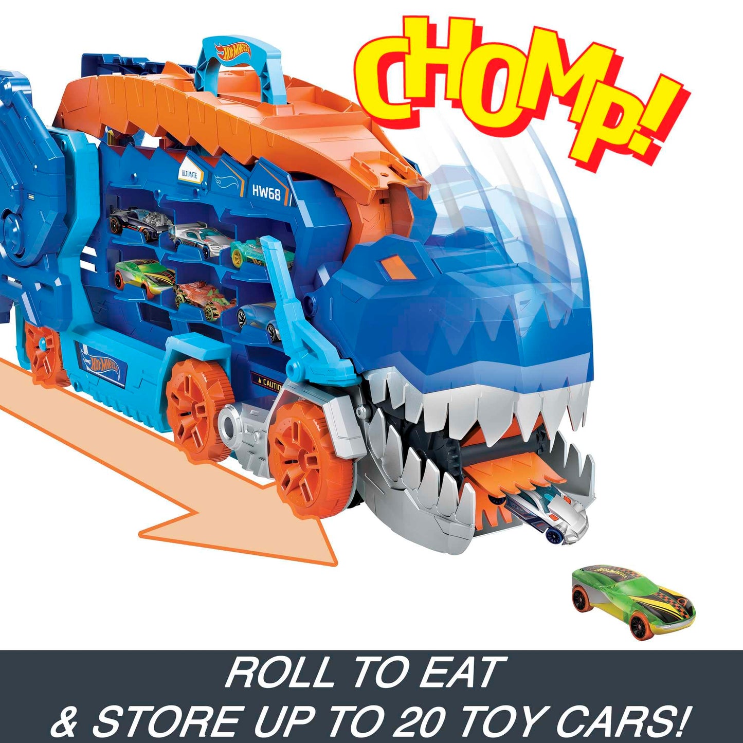 Hot Wheels City Toy Car Track Set, Ultimate T-Rex Transporter, Hauler Transforms into Stomping Dino with Race Track, from Netflix Series “Let’s Race”