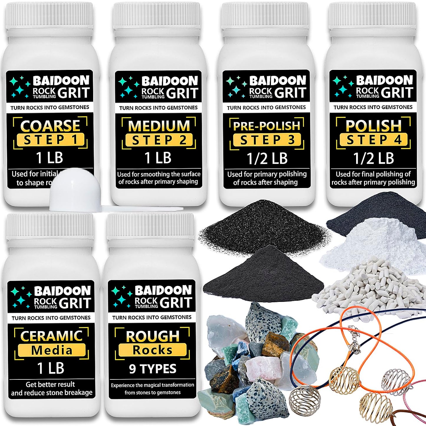 6-in-1 Rock Tumbler Kit – 4-Step Grit, Ceramic Refill, 9 Rocks, Polish & Accessories for Complete Rock Tumbling Fun