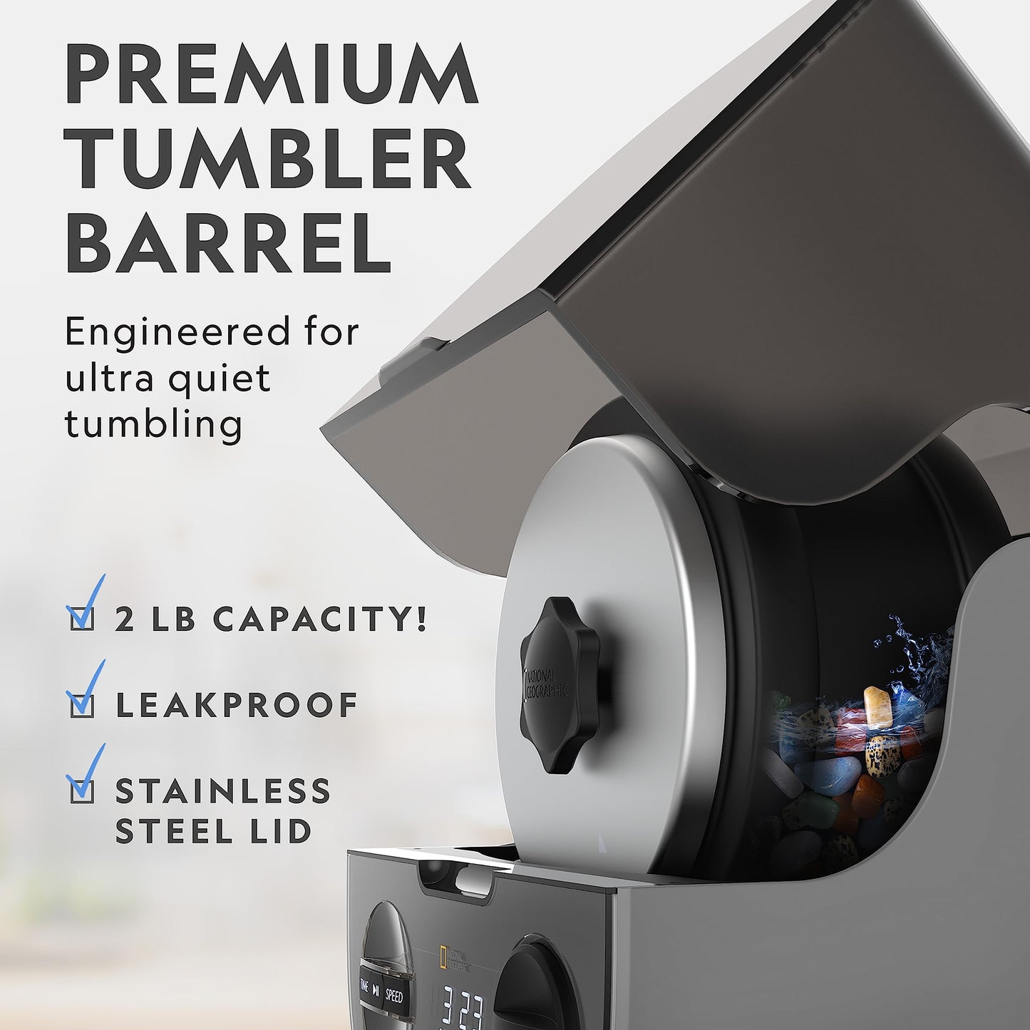 National Geographic Platinum Series Rock Polisher Kit - Ultra Quiet 2 lb Barrel Tumbler with Rocks, Grit & GemFoam for Kids & Adults