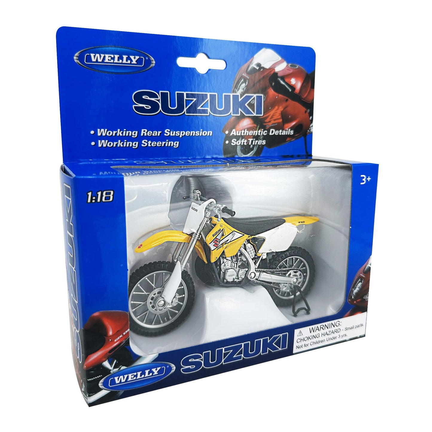 Welly Die Cast Motorcycle Yellow Suzuki RM250, 1:18 Scale, Collectible Model Dirt Bike