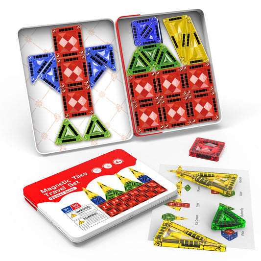 Zupooko Mini Magnetic Tiles for Kids 3-8 | Travel Magnetic Building Blocks with Metal Storage Box | STEM & Montessori Educational Toy Gift