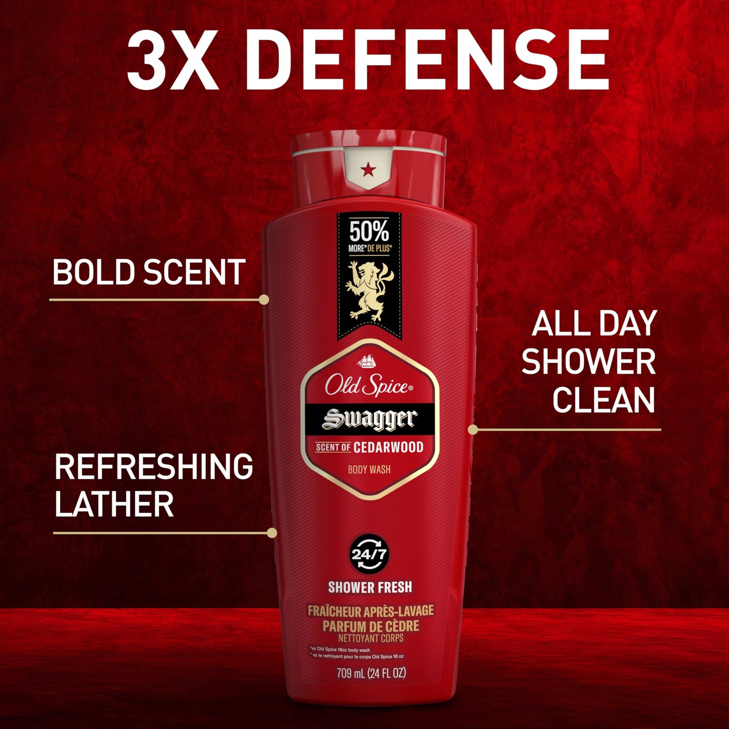 Old Spice Red Collection Swagger Body Wash for Men – 3X Defense, Long-Lasting Fresh Scent with Cedarwood, 24 oz, Pack of 2