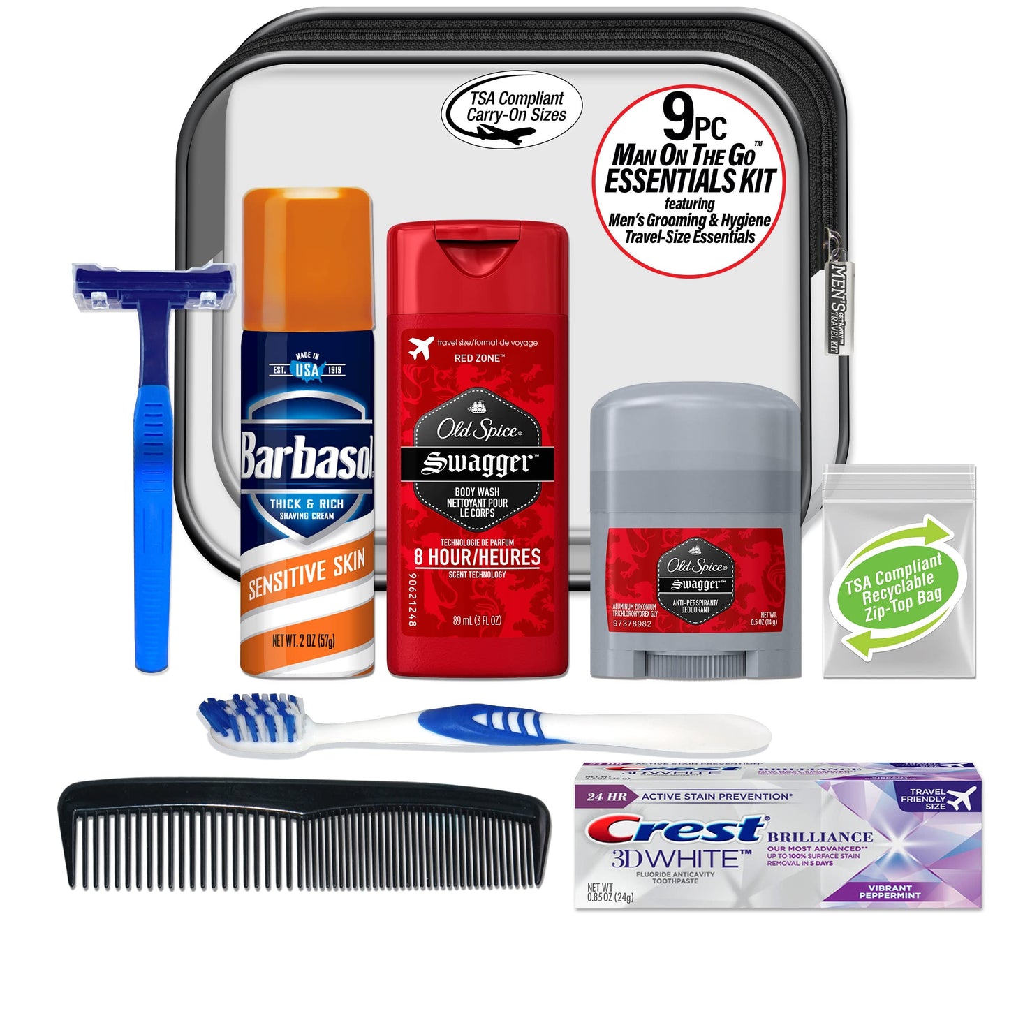Convenience Kits International Men’s Deluxe 9-Piece Travel Kit – TSA-Compliant Essentials with Old Spice Products in Reusable Toiletry Bag