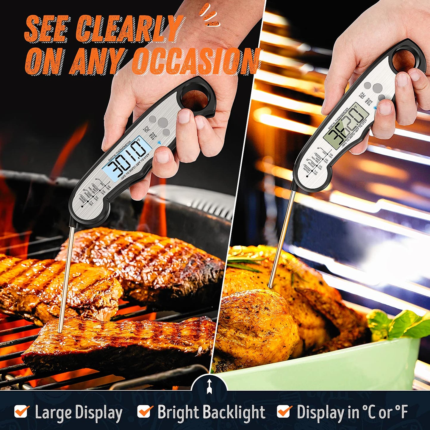 Digital Instant-Read Meat Thermometer – Waterproof, Backlight & Calibrated for BBQ, Candy, Liquids, Beef, Turkey, Cooking & Grilling