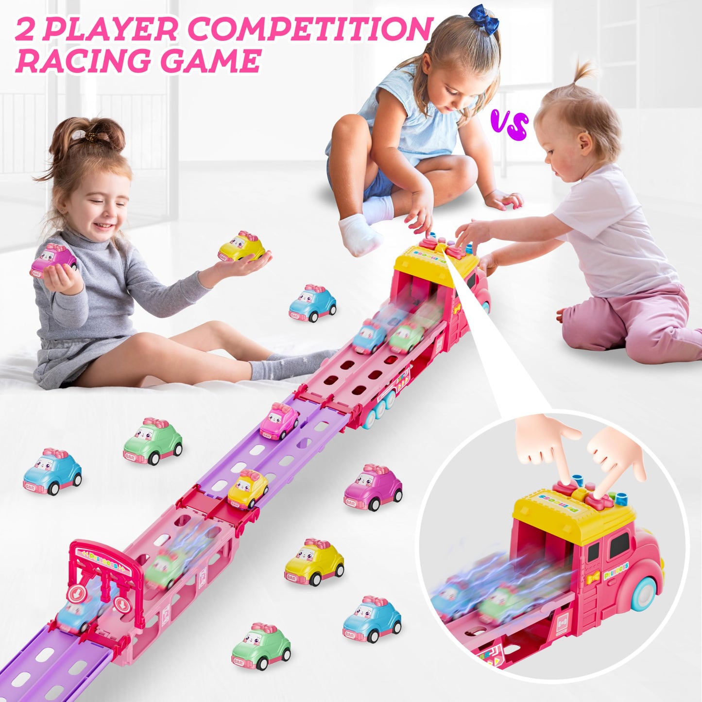 Funwee Foldable Car Track Toy for Girls Age 2-7, 2-Player Race Mode, Light & Sound Cars with Transport Truck, Birthday Gift Idea