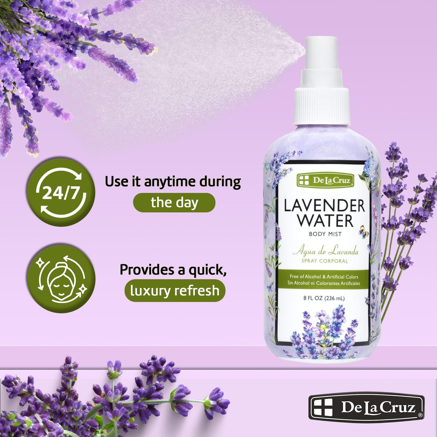 De La Cruz Lavender Water Body Mist - Lavender Spray body mist With Pure Lavender Essential Oil 8 fl oz (236 mL)