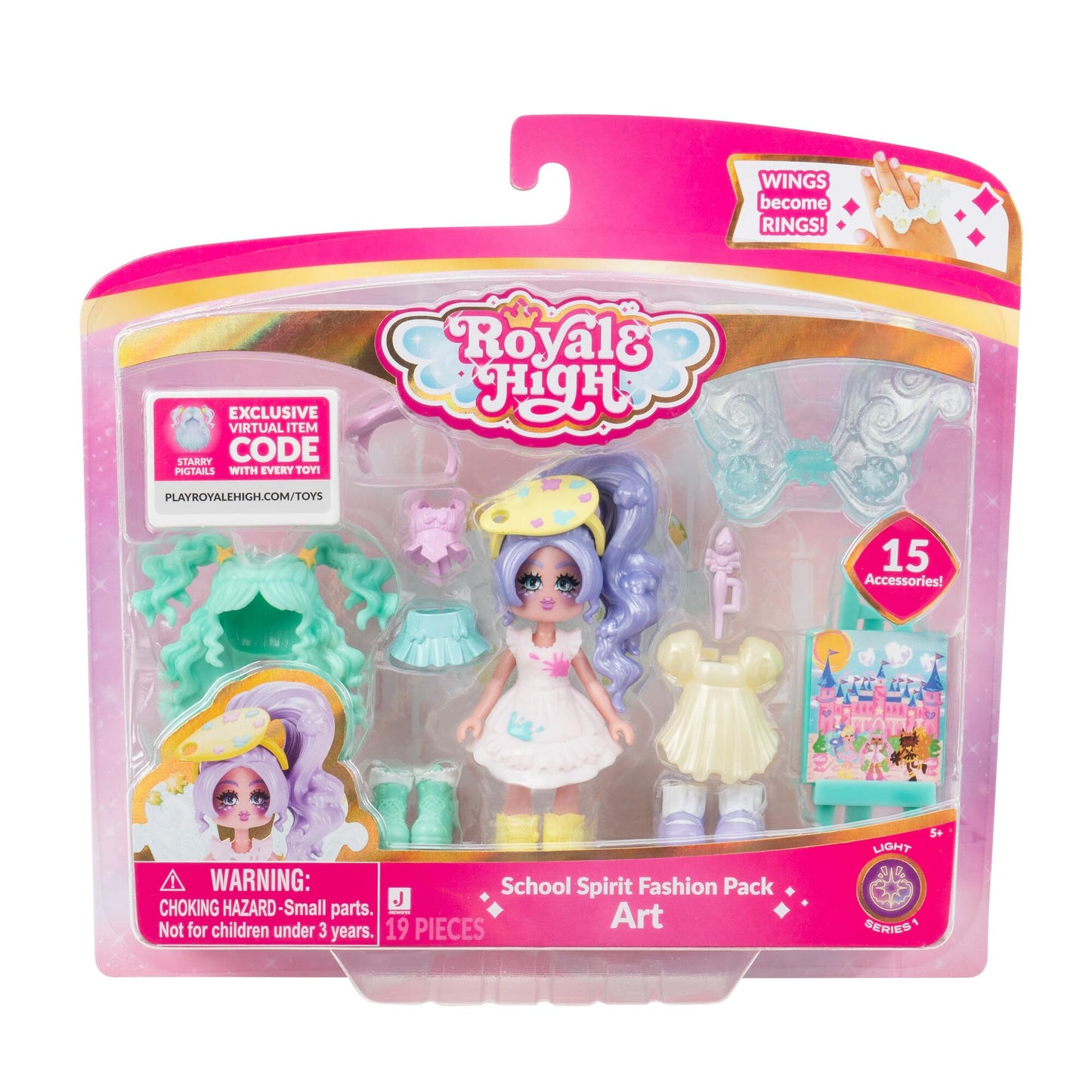 Royale High 3” School Spirit Fashion Pack: Art Light Series 1-1 Doll with 15 Accessories, Wings to Rings, Virtual Code, Kids Ages 5+
