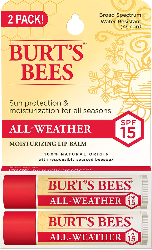 Burt's Bees All Weather SPF 15 Lip Balm, Water-Resistant Lip Moisturizer, Tint-Free, Natural Conditioning Treatment, 2 Tubes, 0.15 oz.