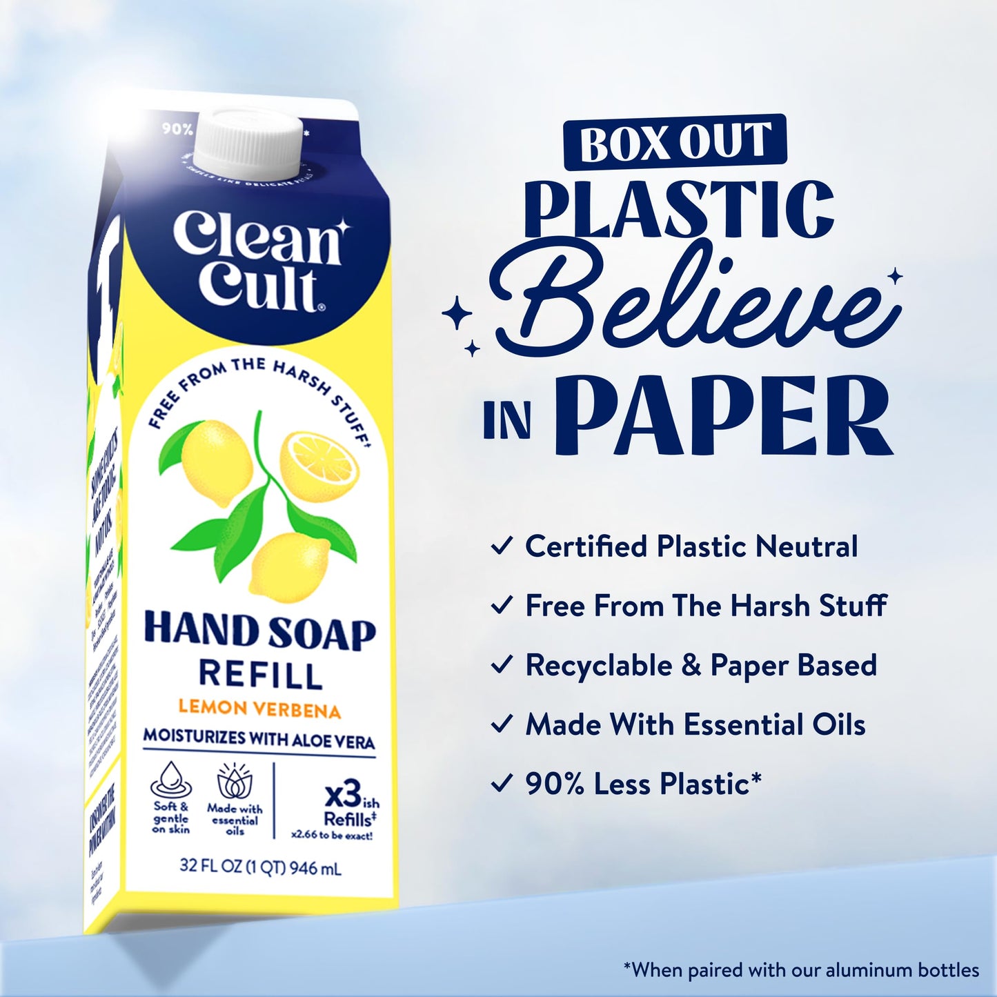 Cleancult Lemon Verbena Liquid Hand Soap Refill, 32oz – Moisturizing, Aloe & Essential Oils, Eco-Friendly Paper Packaging for Sensitive Skin