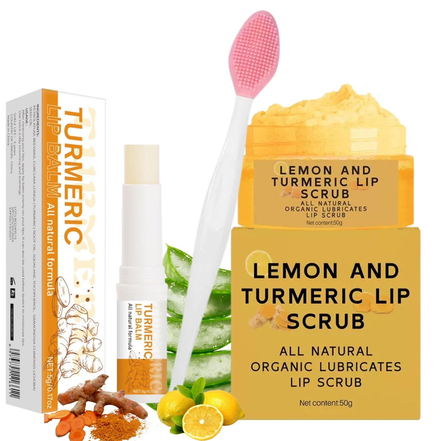 Turmeric & Lemon Lip Care Set – 3PCS Lip Scrub, Balm & Brush for Dry, Chapped, Dark Lips – Exfoliates, Smooths & Nourishes Naturally