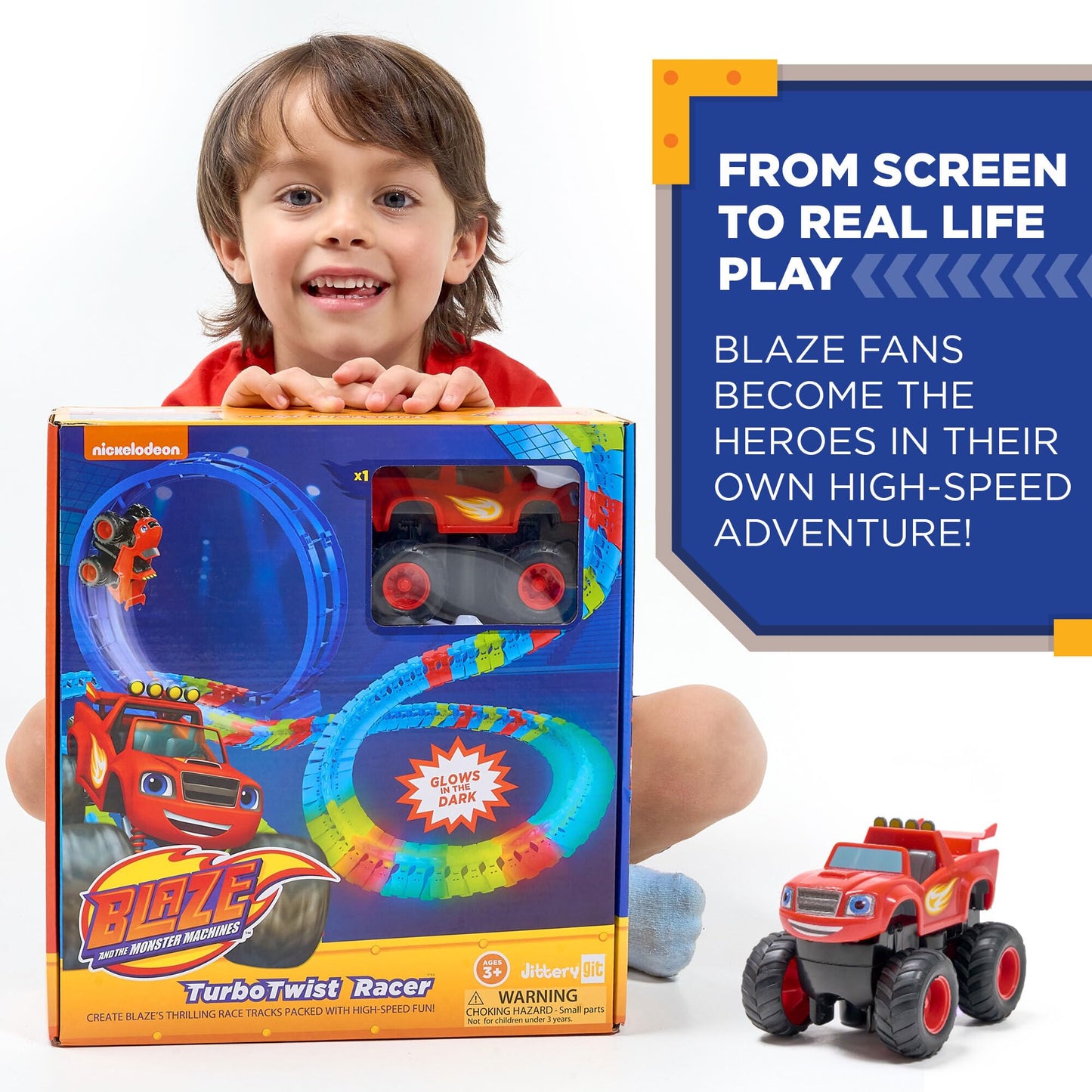Blaze and The Monster Machines Race Track Set - 117-Piece STEM Glow Track Playset by JitteryGit, Nickelodeon Toy for Kids Ages 3-8, Red