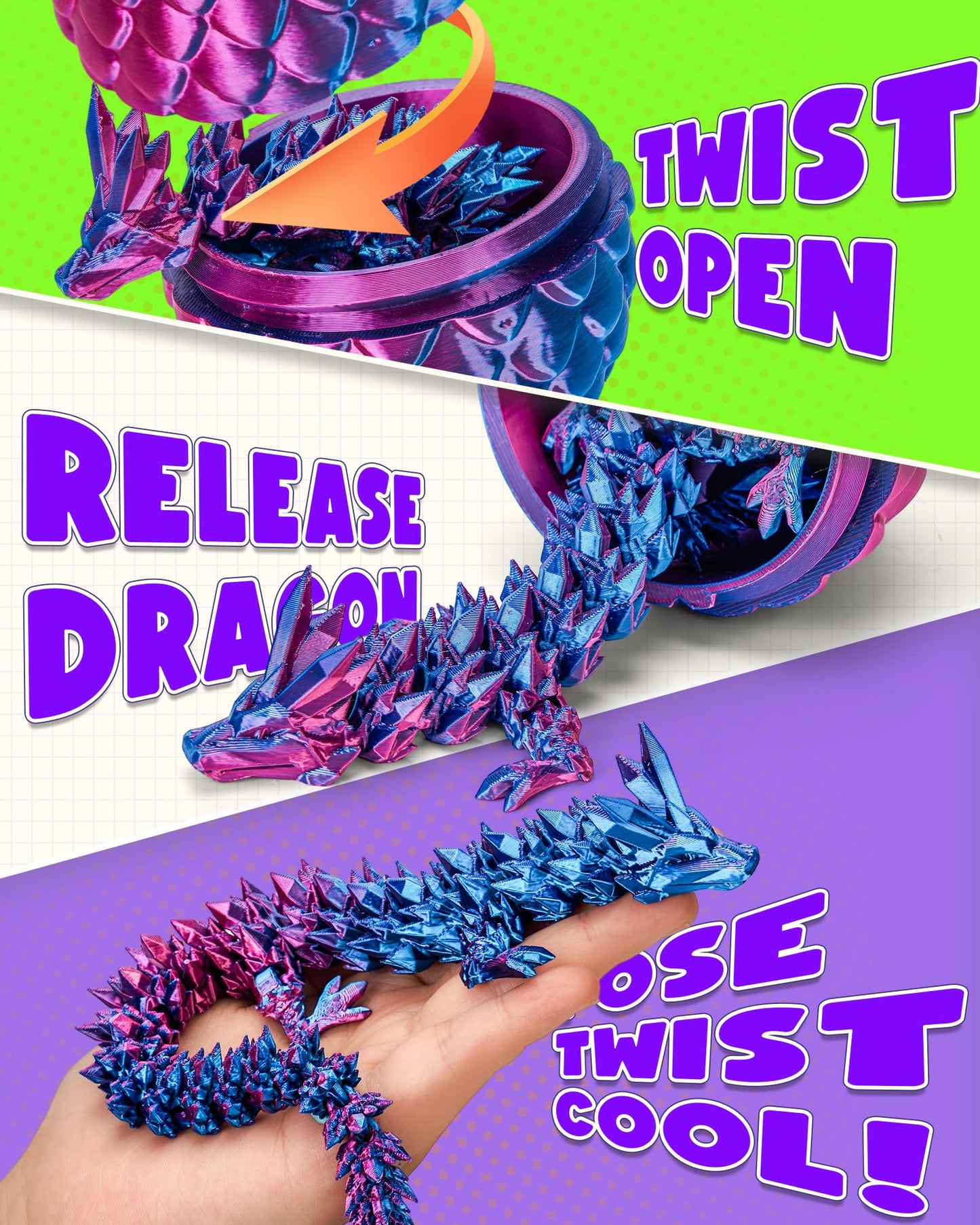 TBOLINE 12" 3D Printed Dragon Egg Toy – Articulated Crystal Dragon, Fidget & Dinosaur Egg for Kids Boys & Girls Ages 4-12