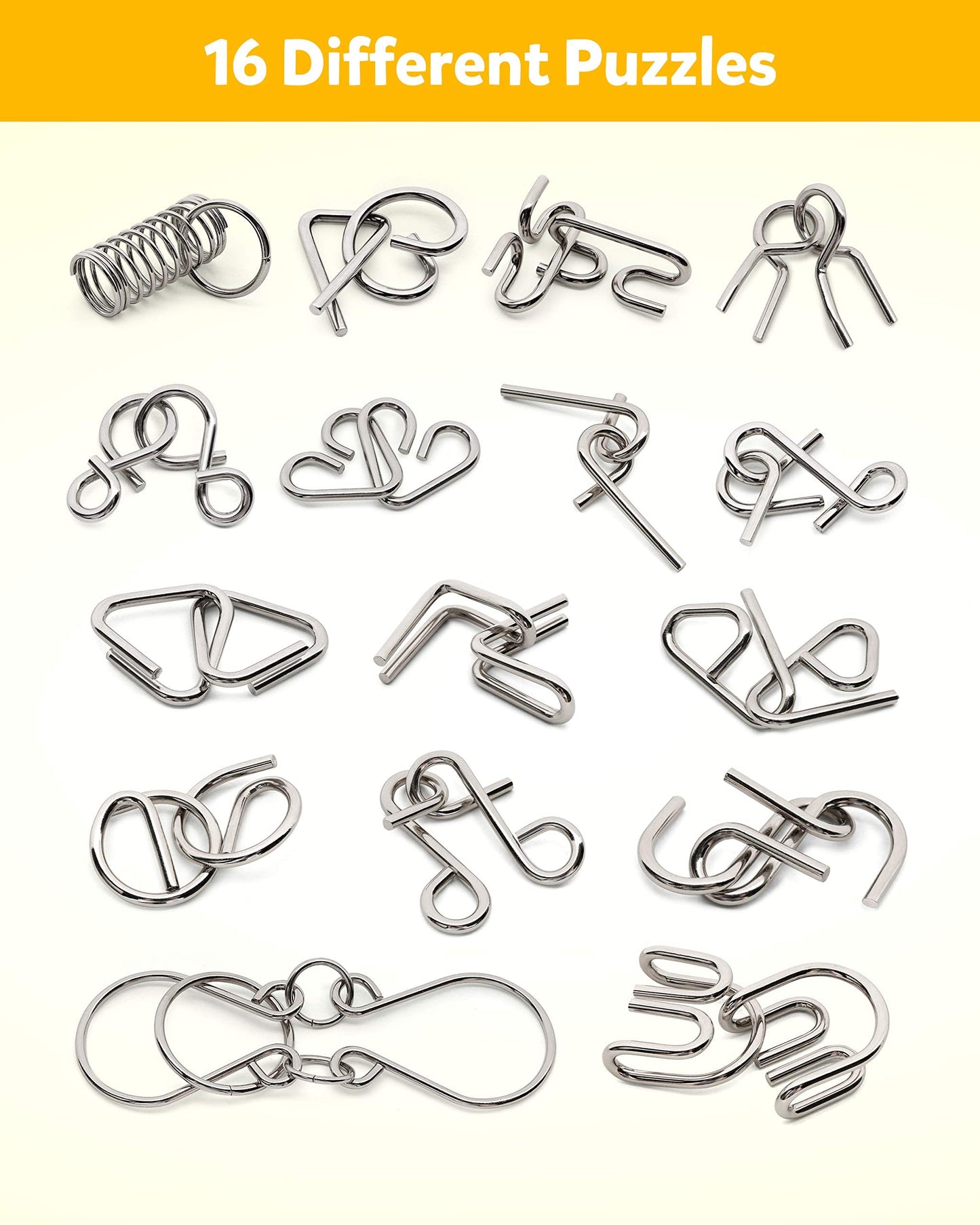 Coogam 16-Piece Metal Wire Puzzle Set with Pouch – Brain Teaser, IQ Challenge, Interlock & Chinese Ring Magic Trick Toy for Kids & Adults