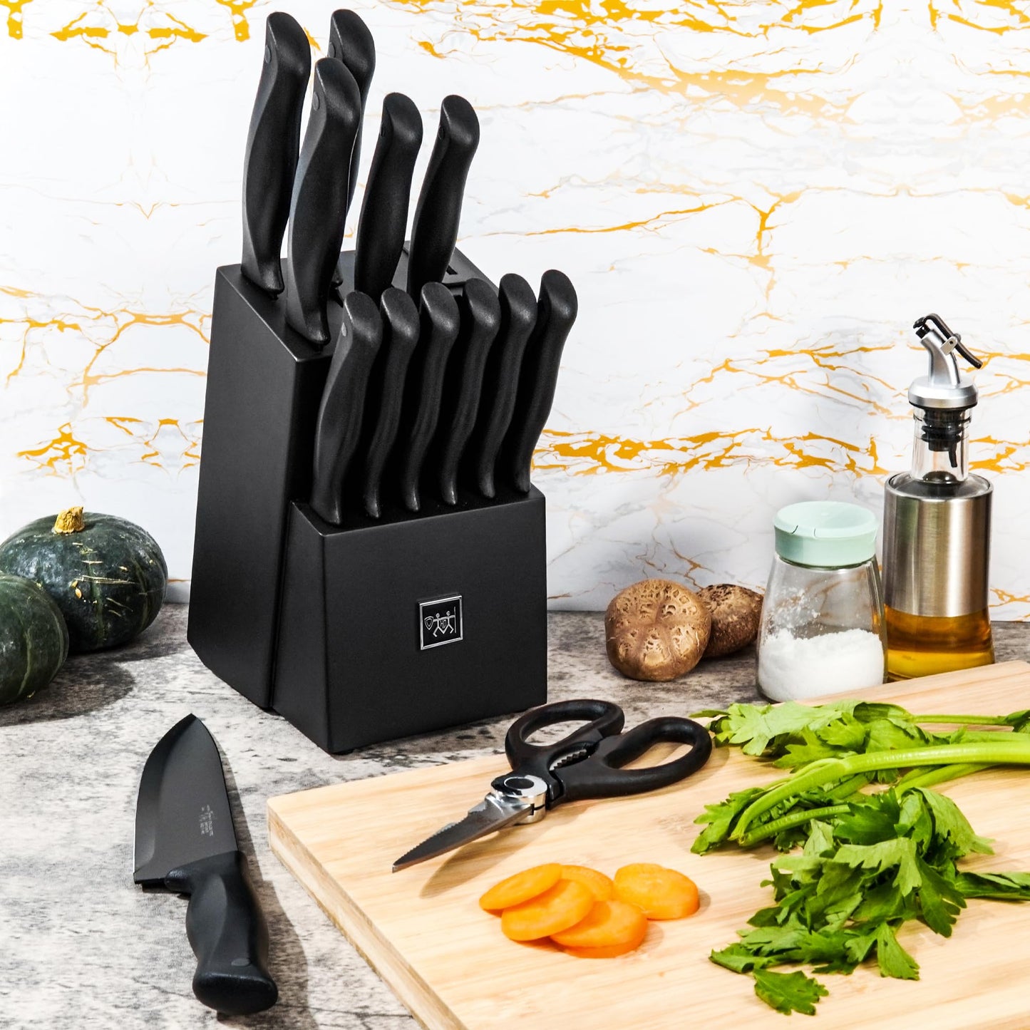 HUNTER.DUAL 15-Piece Kitchen Knife Set with Self-Sharpening Block – Dishwasher Safe, Anti-Slip Handles, Black