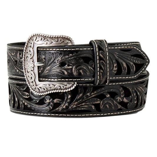 ARIAT Women's Western Floral Embossed Leather Belt, Black, Small