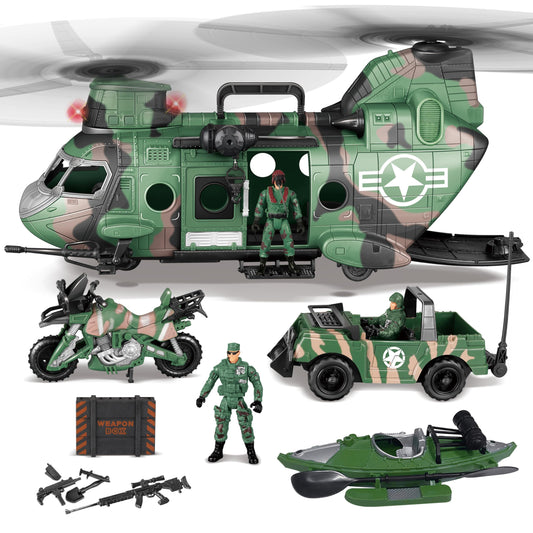 JOYIN 10-in-1 Military Helicopter Toys Set with Light, Sound, Trucks, Boat, Bike, Army Men, Weapons - Christmas Birthday Party Gifts for Kids