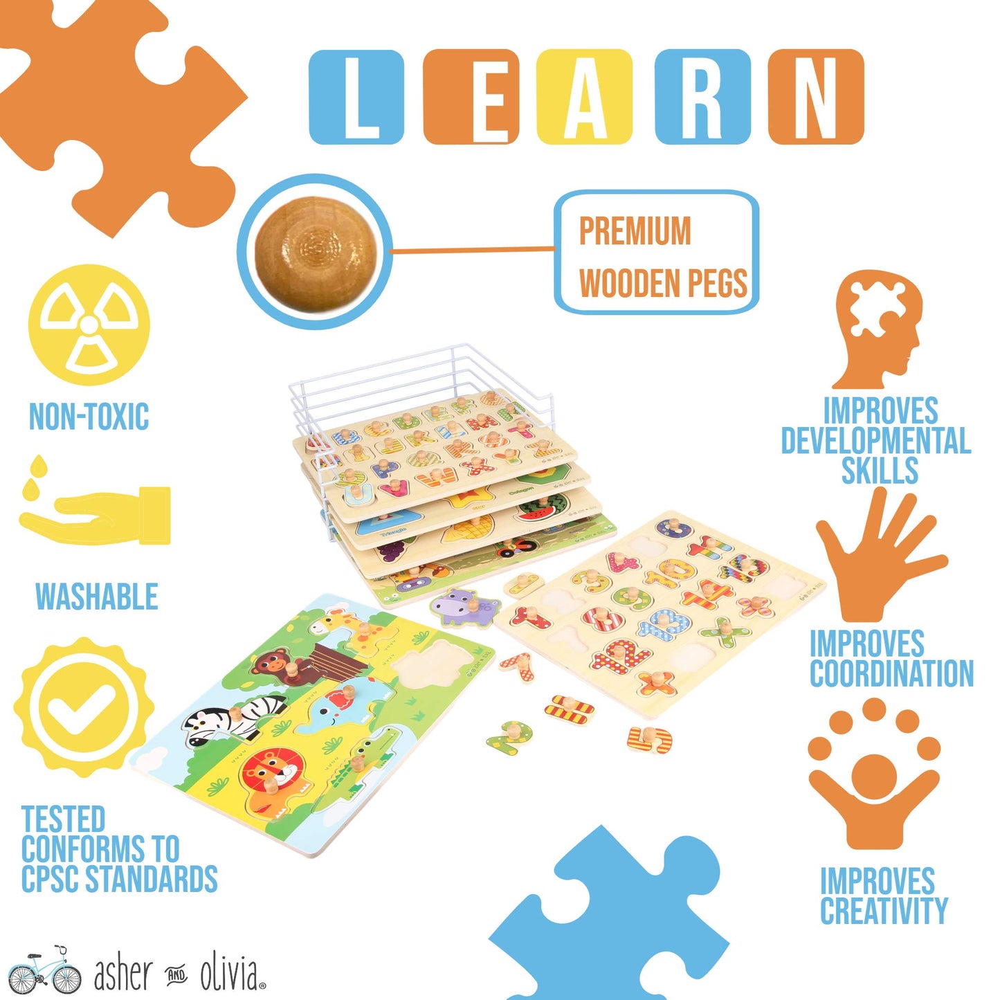 Premium Puzzles for Toddlers and Rack Set - (7 Pack) Includes 1 Learning Clock - 6 Alphabet, Numbers, Shapes, Animals, Cars, Fruits Puzzles