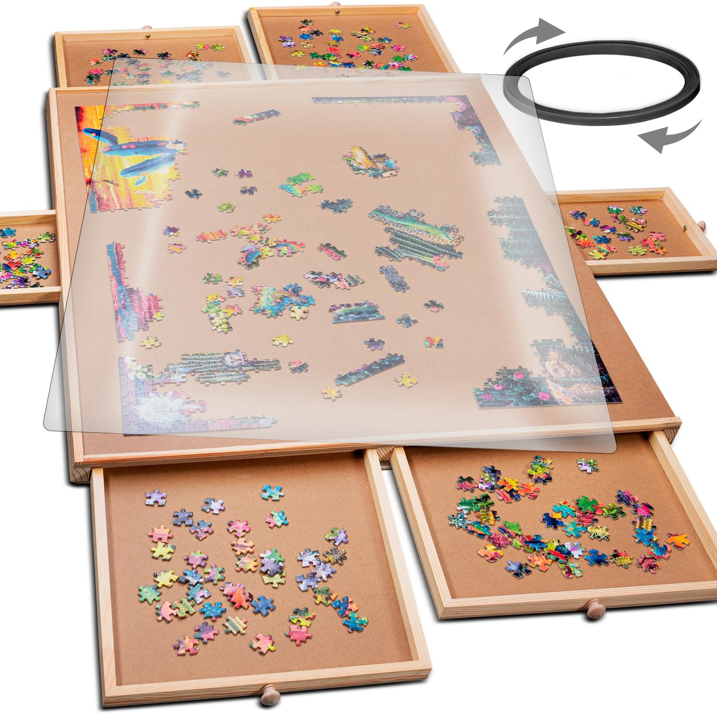 PLAYVIBE Rotating Puzzle Board – 1500 Piece Table with 6 Storage Drawers, 27x35in, 360° Lazy Susan Rotation for Jigsaw Puzzles
