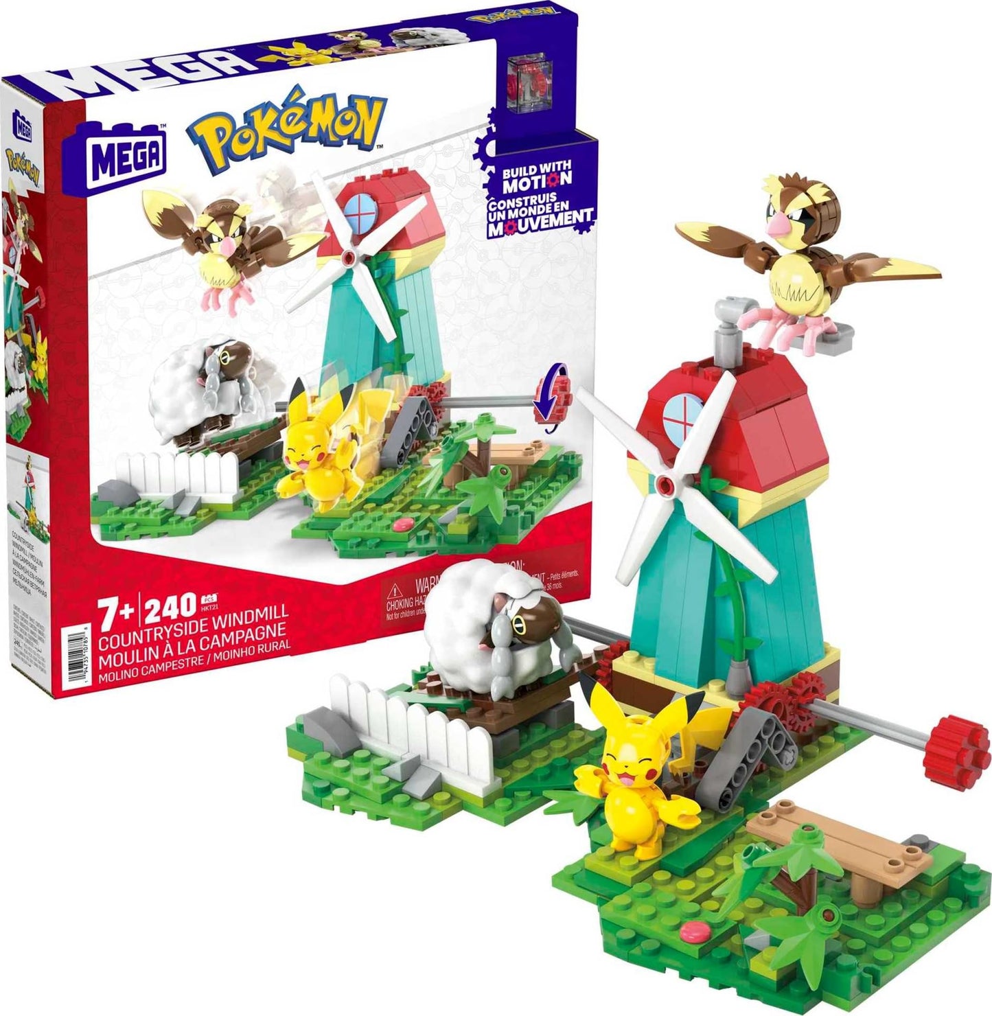 MEGA Pokemon Action Figure Building Toy Set, Countryside Windmill with 240 Pieces, Motion and 3 Poseable Characters, Gift Idea for Kids