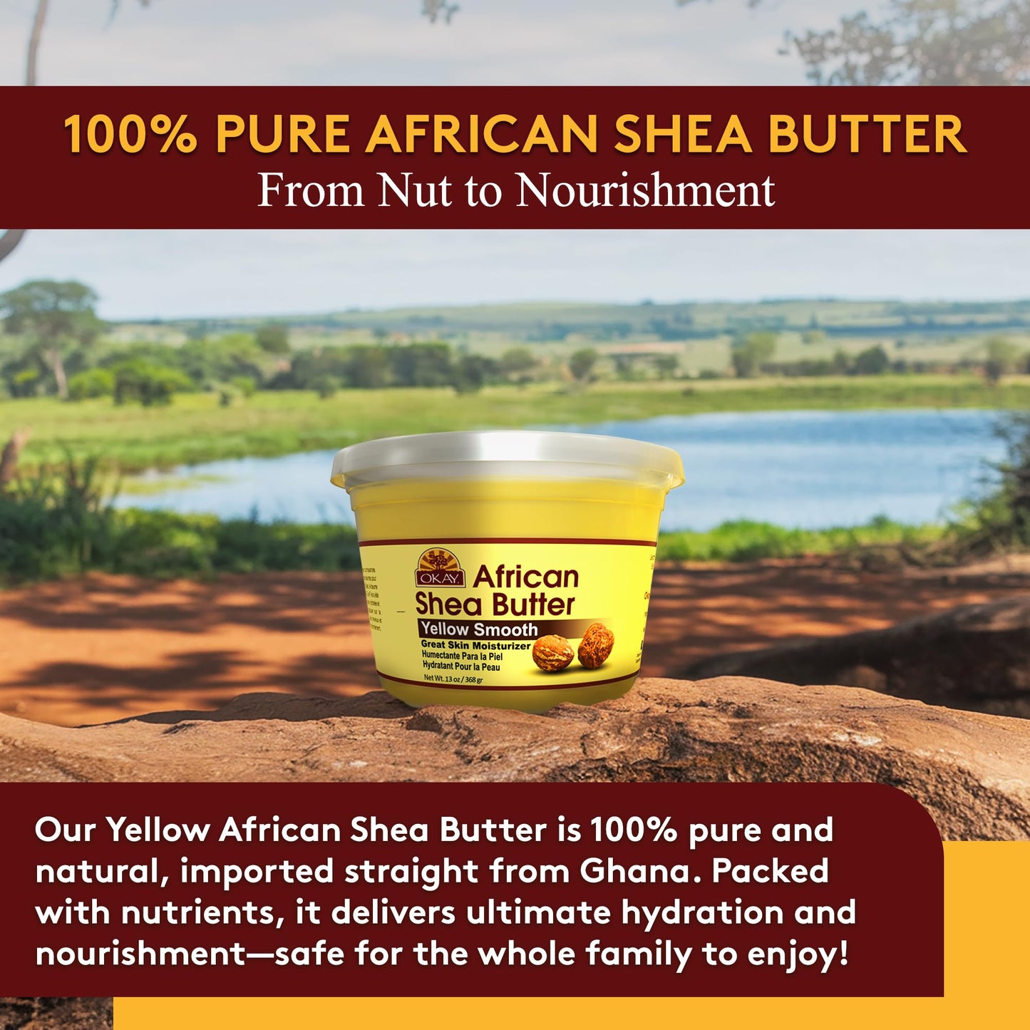 Okay Yellow Raw African Shea Butter for Hair & Skin, Daily Moisturizer for Face & Body, Soothes Dryness, Stretch Marks, 13oz Jar