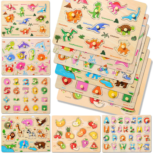 LOYUEGIYO 6PCS Toddler Wooden Peg Puzzles – Educational Sensory Toy for Kids Ages 2-5, Includes Dinosaur, Ocean, Alphabet, Numbers & More