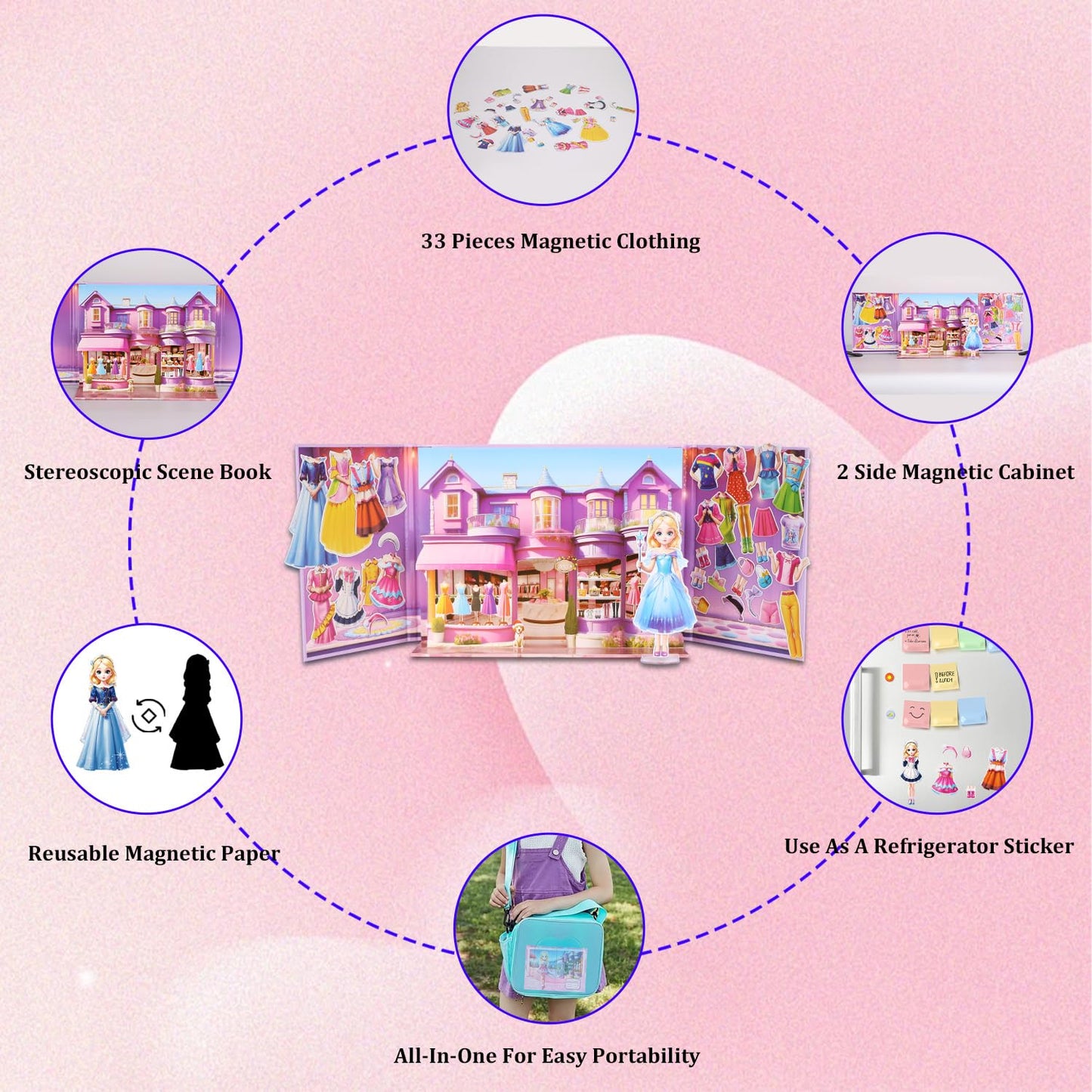 OSQI Magnetic Dress Up Dolls for Girls, 35-Piece Paper Doll Travel Playset with 3D Wardrobe Scene, Roleplay Game for Ages 4-7 (Amy)
