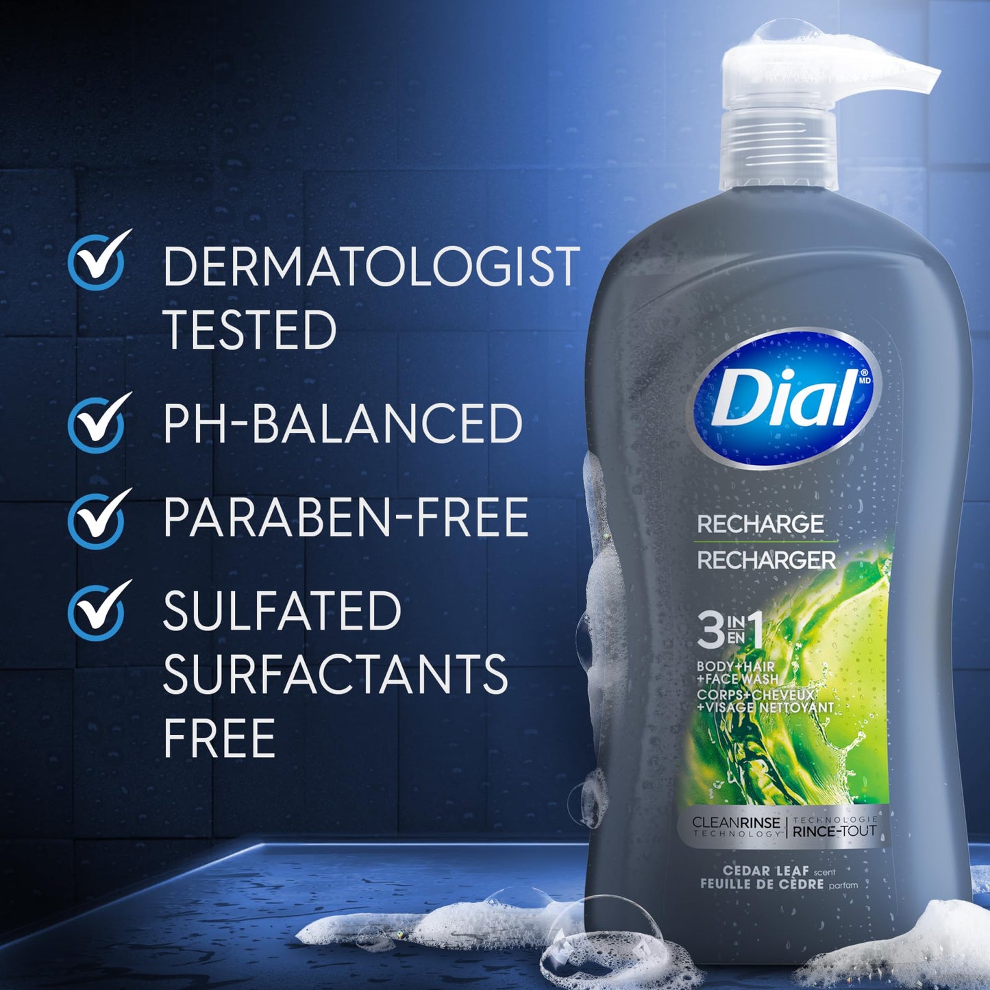 Dial Men 3in1 Body, Hair and Face Wash, Recharge, 32 fl oz