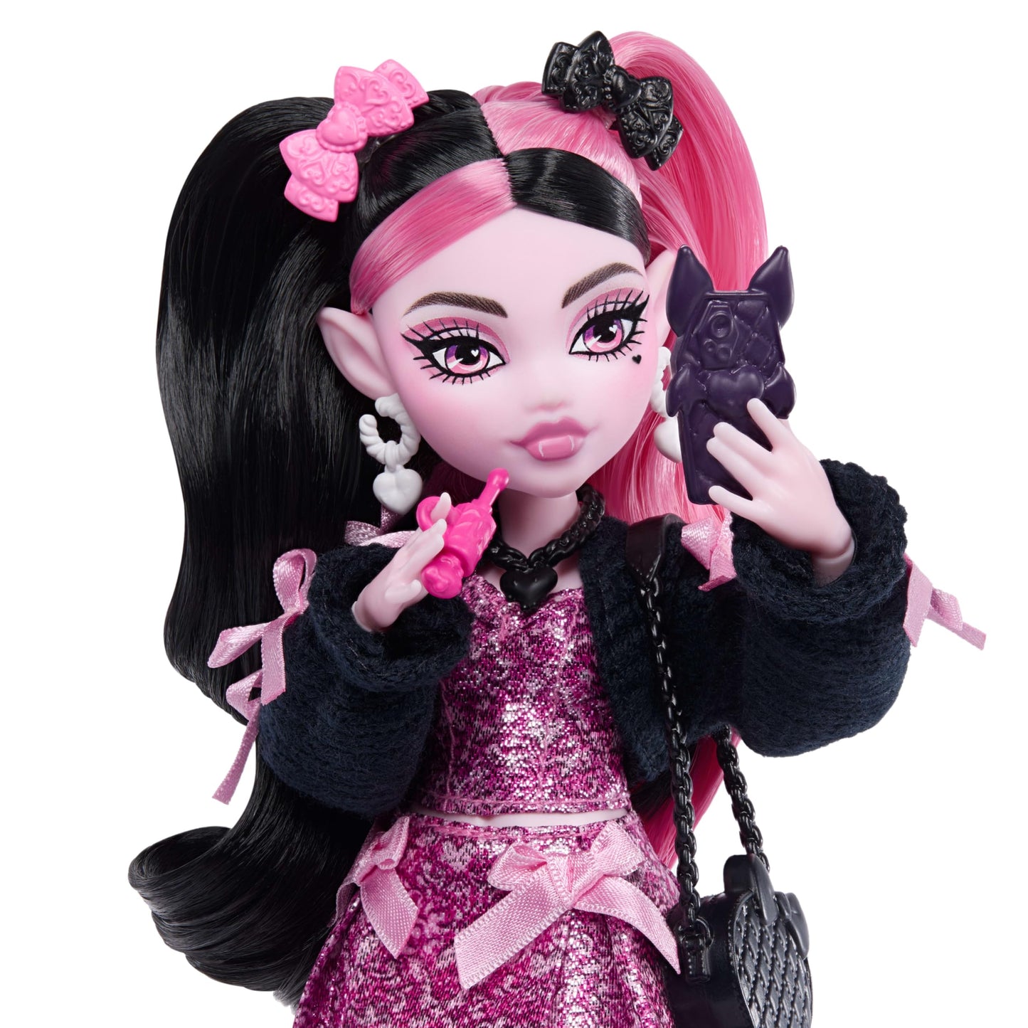 Monster High Doll, Draculaura in Pink Bow Dress and Black Cardigan with Pet Bat Count Fabulous and 7 Accessories Like Ramen, Lipstick and Purse