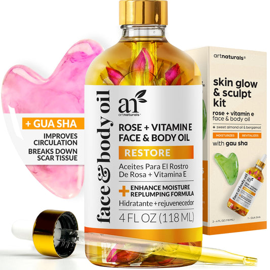ArtNaturals Vitamin E Bio Oil & Gua Sha Set – Organic Face & Body Moisturizer for Scars, Stretch Marks, Cellulite, Nails & Muscle Massage, 4oz