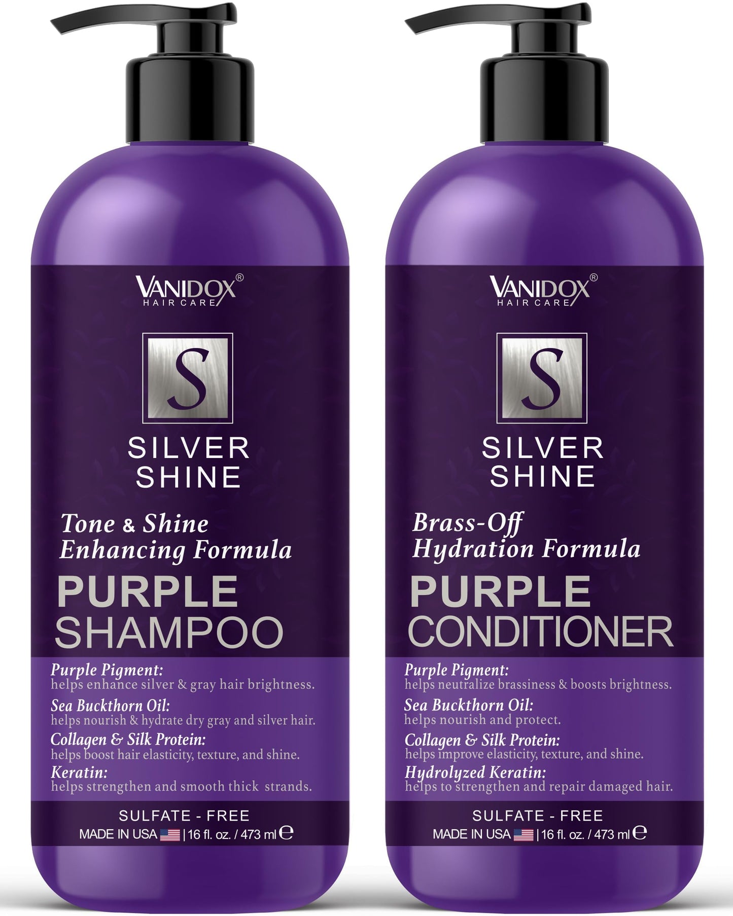VANIDOX Purple Shampoo & Conditioner Set for Gray & Silver Hair, Sulfate-Free, Moisturizing, Color-Safe, Boosts Shine & Brightness, 16 fl oz Each