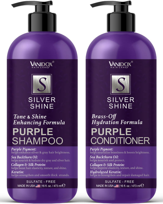 VANIDOX Purple Shampoo & Conditioner Set for Gray & Silver Hair, Sulfate-Free, Moisturizing, Color-Safe, Boosts Shine & Brightness, 16 fl oz Each
