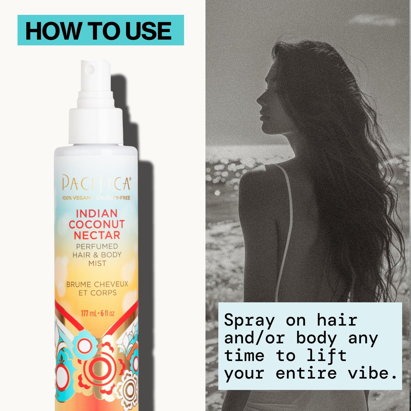 Pacifica Indian Coconut Nectar Hair & Body Mist – Alcohol-Free Perfume with Natural Essential Oils, Coconut & Vanilla Scent, Vegan & Cruelty-Free