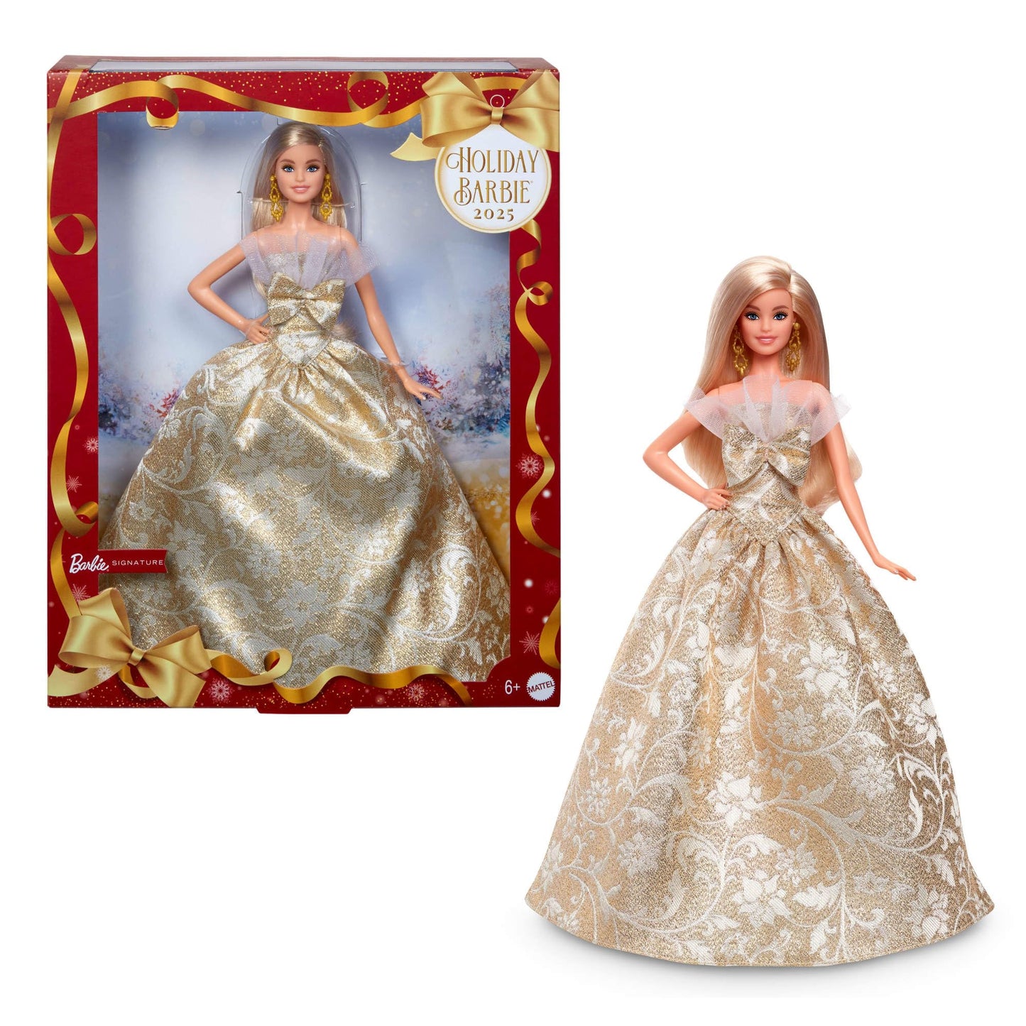 Barbie Signature 2025 Holiday Blonde Fashion Doll Wearing Silver & Gold Gown, Seasonal Collector in Displayable Packaging & Stand