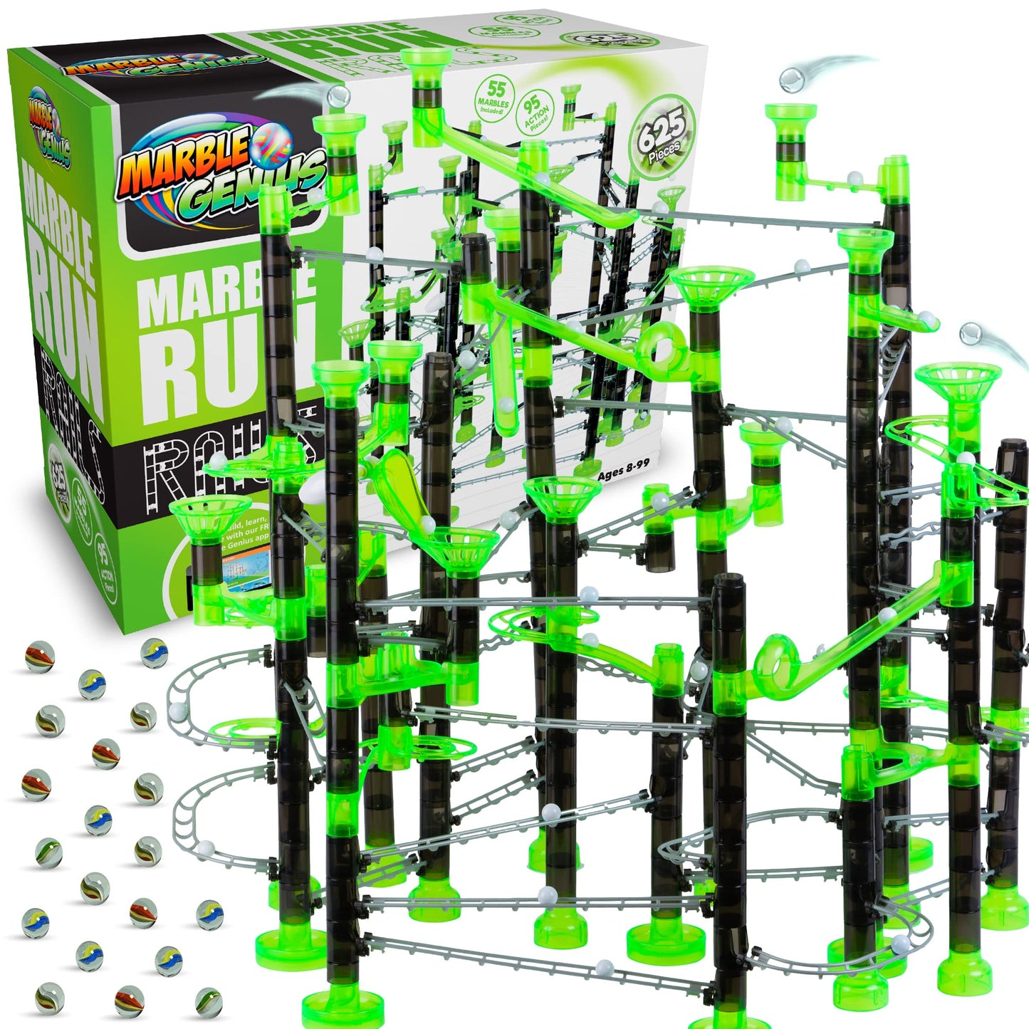 Marble Genius Marble Rails Extreme Set, 625-Piece Marble Run for Kids 8+, STEM, 55 Marbles, 80 Rails, 20 Bases, Full-Color Instructions