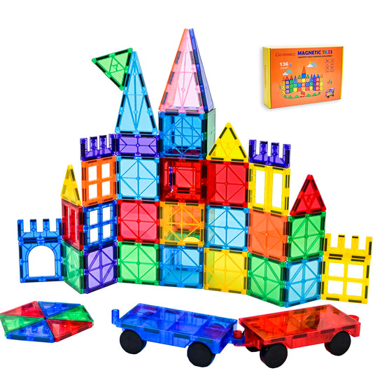 Gemmicc Magnetic Tiles, Deluxe 136 PCS Building Blocks Magnet Toys for Kids,3D Magnet Puzzles Stacking Blocks for Boys Girls,Huge Set with 2 Cars
