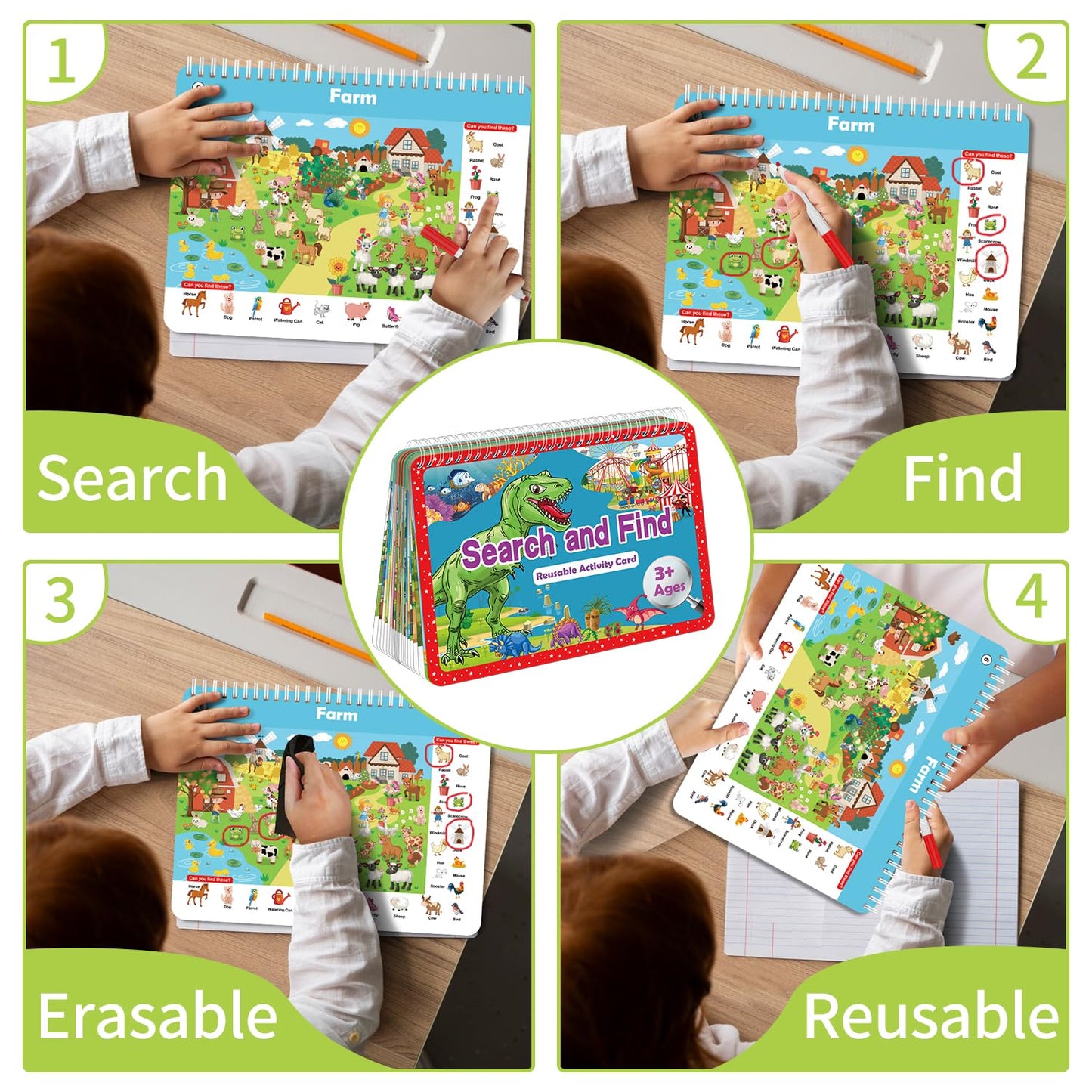 Elfew Search & Find Activity Book for Kids 3-8 | 24 Reusable Toddler Activities | Educational Travel Toy for Ages 4-6