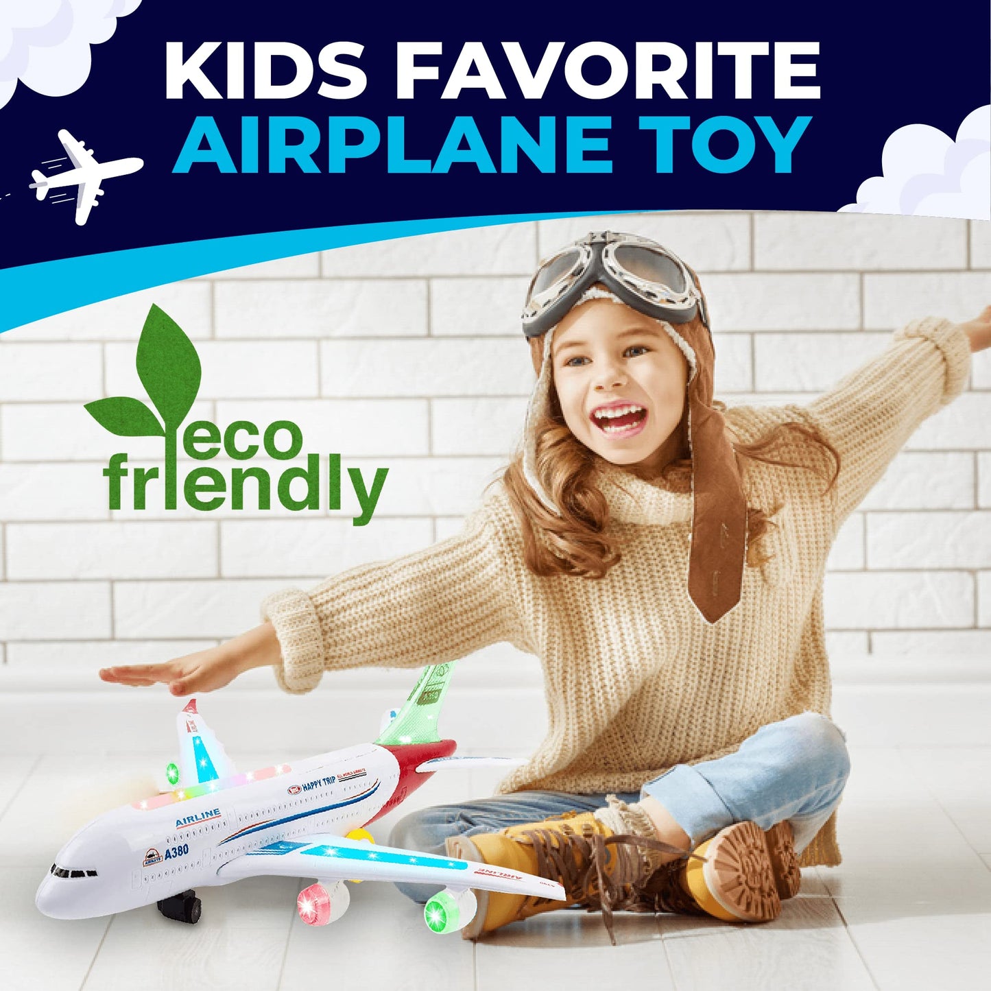 Toysery Airplane Toy for Kids – Bump & Go Action Plane with LED Lights & Sounds, Airbus A380, Toddler Toy for Boys & Girls 3-12 Years