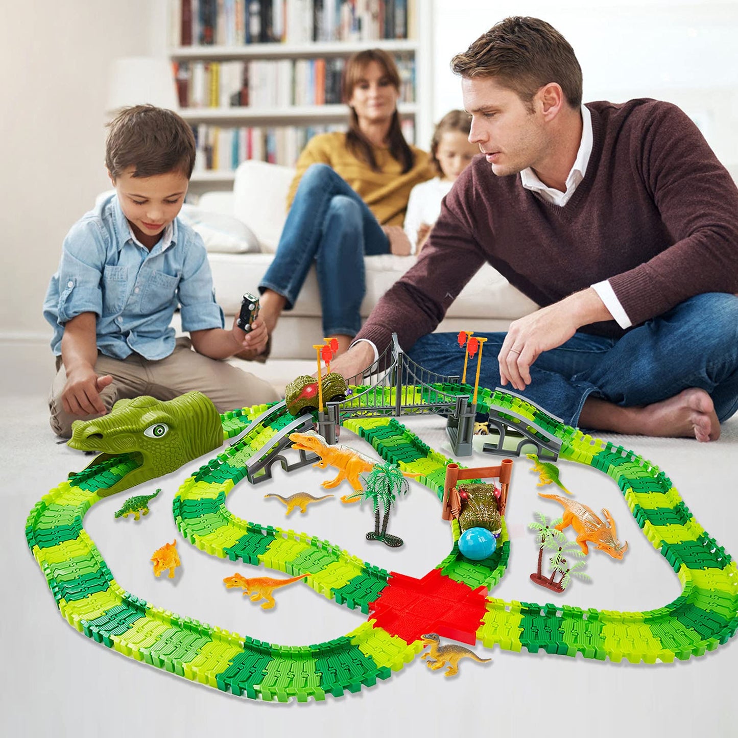 BEMITON Dinosaur Race Car Track Set – Flexible Dino Road Adventure Toys for Boys & Girls Ages 3-7, Perfect Christmas & Birthday Gift