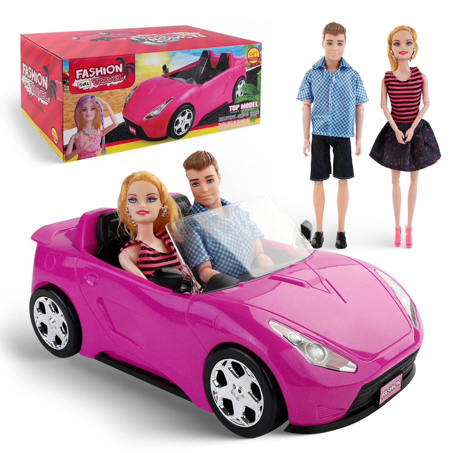 Liberty Imports Doll-Sized Convertible Car for Dolls – 2-Seater Pink Vehicle with Rolling Wheels, Seat Belts w/ Two 11.5" Dolls Included