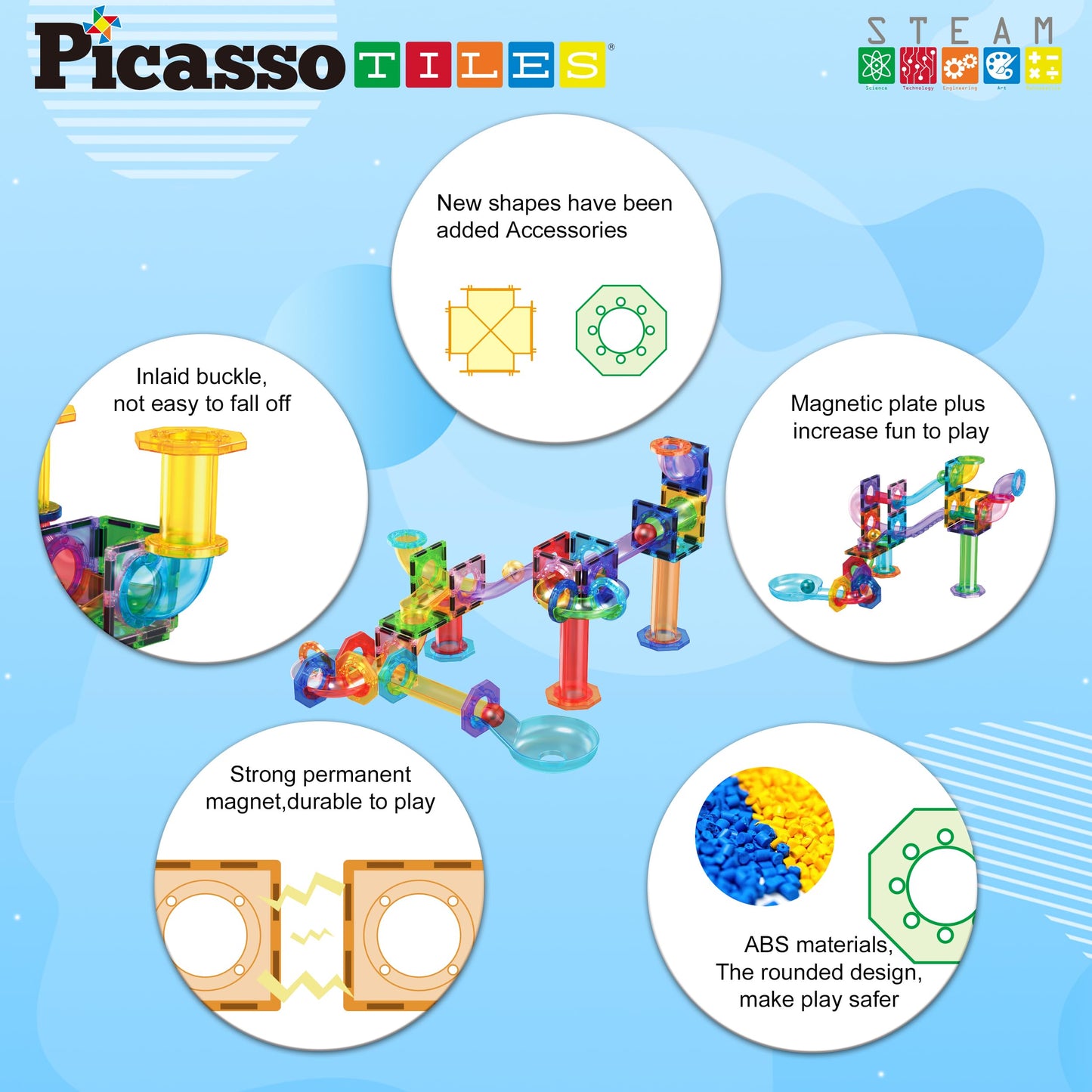 PicassoTiles Marble Run 60-Piece Magnetic Building Blocks Set – STEM Educational Construction Toy for Kids, Brain & Hand-Eye Skill Development