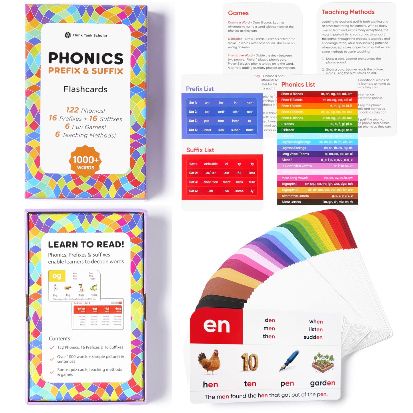 Phonics & Vocabulary Flash Cards – 1000+ Words, Prefixes, Suffixes, CVC, Games & Visuals – Ages 4–8, Pre-K to 3rd Grade