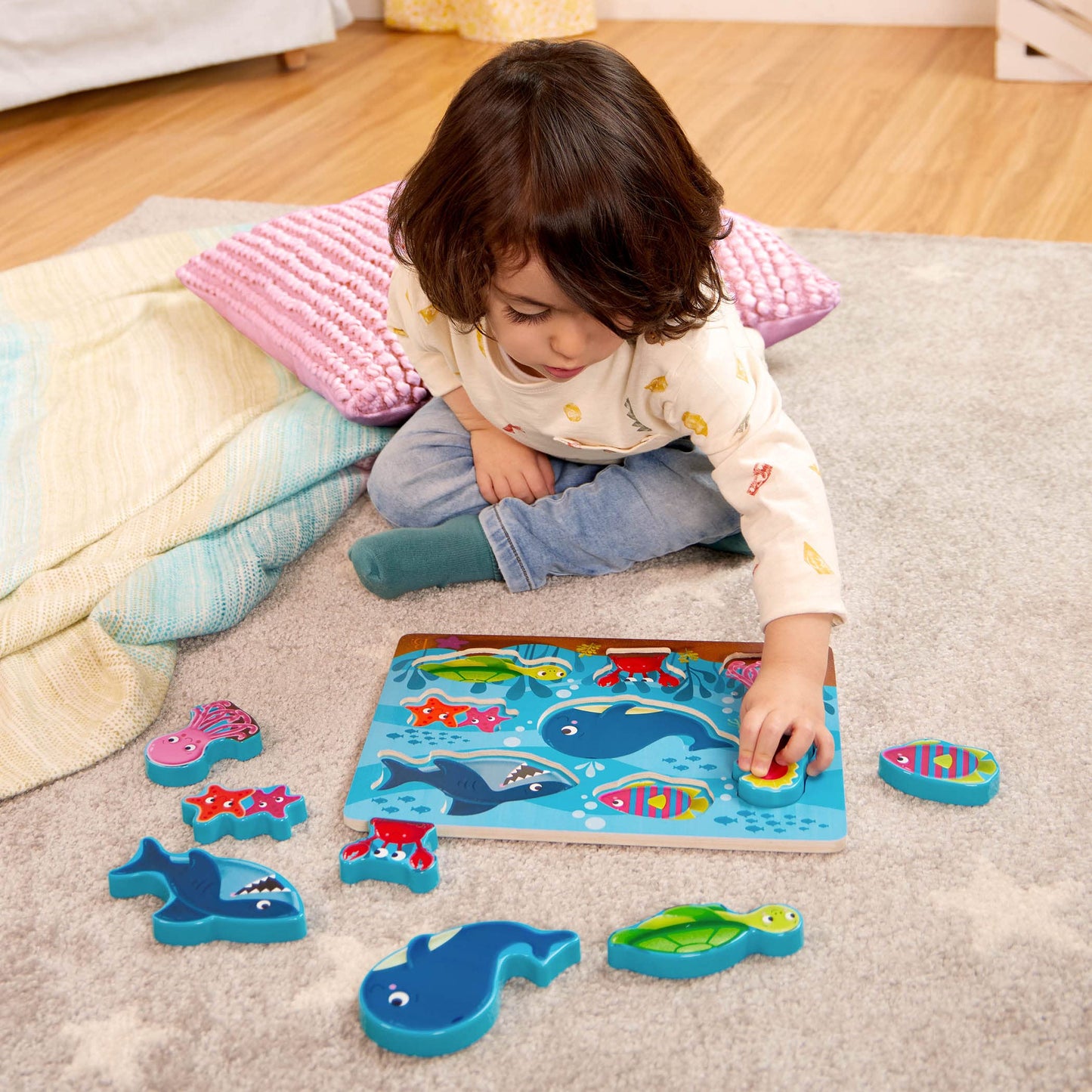 B. toys – Peek & Explore 3 – Pack – Farm, Sea, Dinos – Chunky Puzzle 3 – Pack – Wooden Puzzles – 8 Pieces Each – 2+ Years