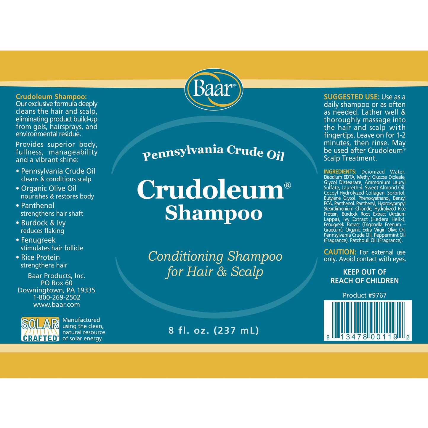 Baar Crudoleum Shampoo, 3-in-1 Pennsylvania Crude Oil Shampoo, 8 Oz.