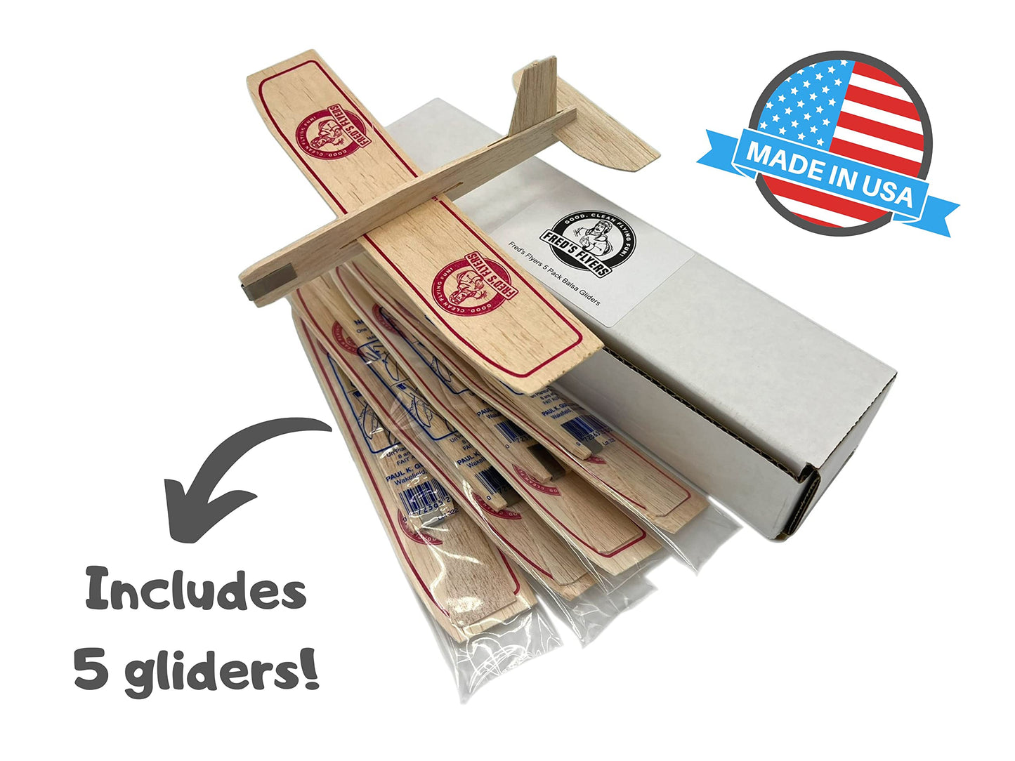 Fred's Flyers Balsa Wood Airplane Gliders – 5 Pack – Made in USA – Guaranteed to Arrive Unbroken