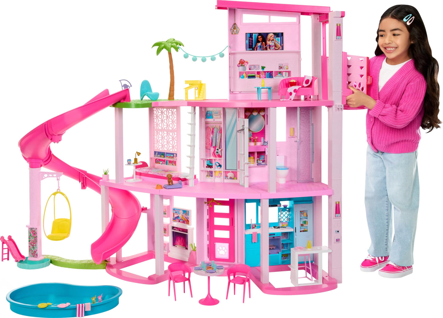 Barbie Dreamhouse, Pool Party Doll House with 75+ Pieces and 3-Story Slide, House Playset, Pet Elevator and Puppy Play Areas