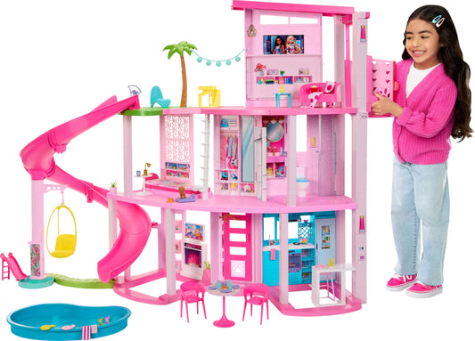 Barbie Dreamhouse, Pool Party Doll House with 75+ Pieces and 3-Story Slide, House Playset, Pet Elevator and Puppy Play Areas