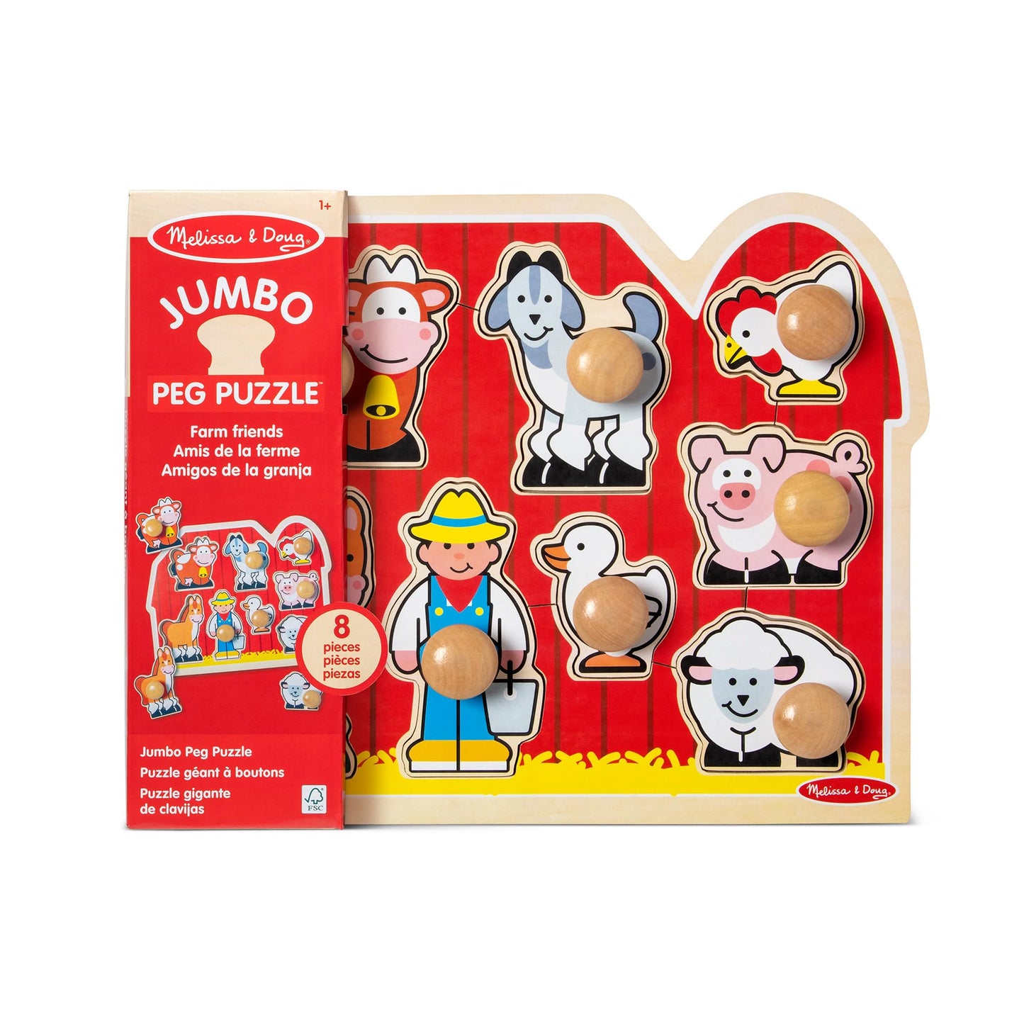 Melissa & Doug Farm Animals Jumbo Knob Puzzle, Wooden Peg Puzzle for Toddlers, Educational Toy for Shape Recognition and Fine Motor Skills, Ages 1+